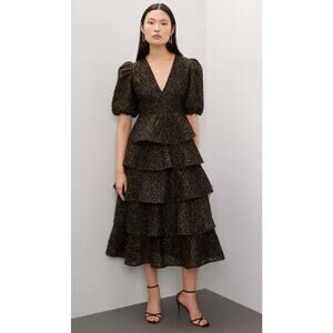 Marie Oliver Everly Embroidered Ruffle Organza Midi in Plume Dress Size 2